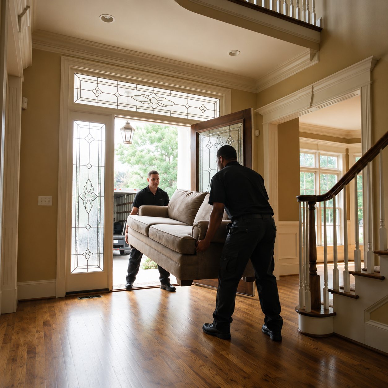 Two Just Start crew members carrying a couch out of a home